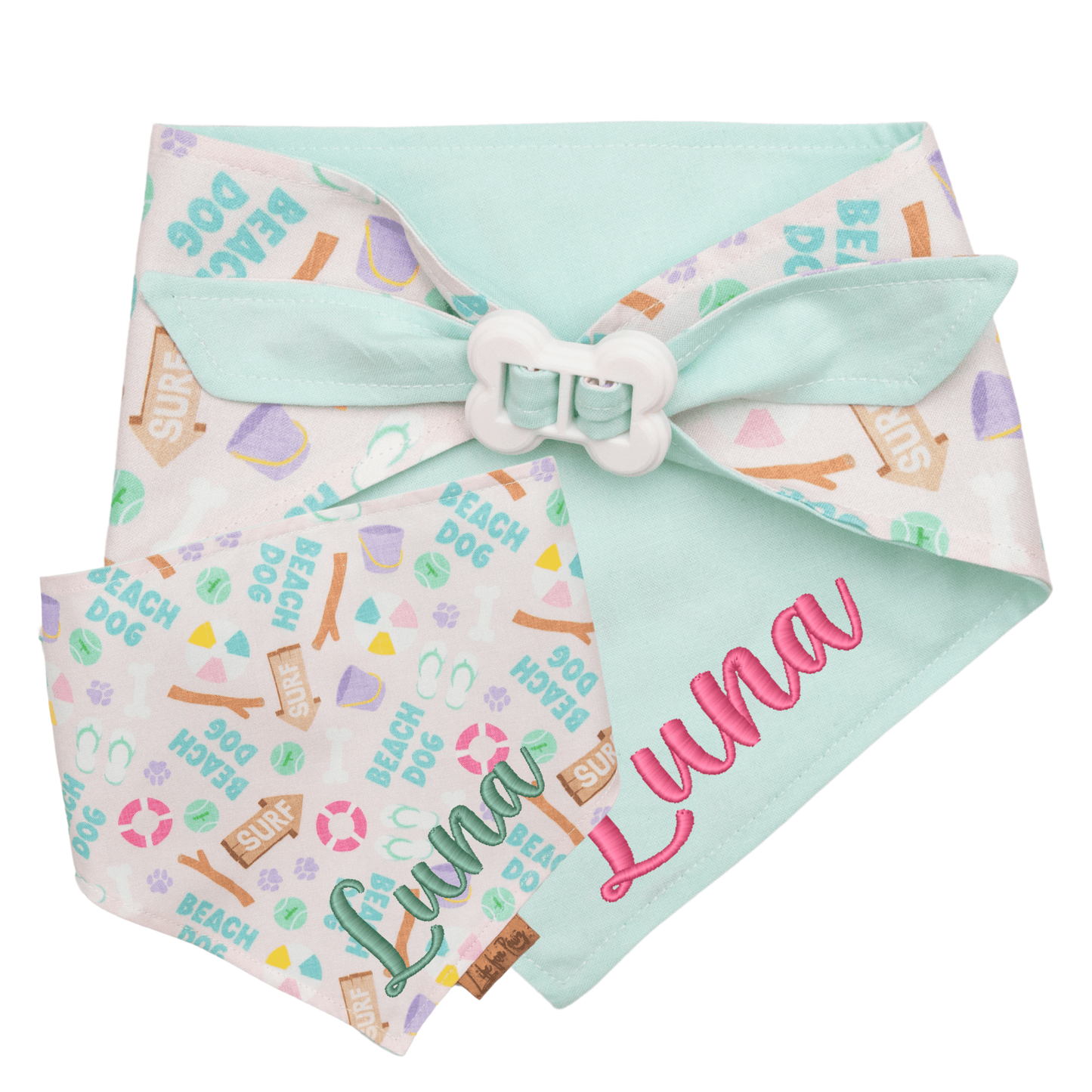 Dog bandana Beach Dog & Mint Bandana – Reversible with Bone Clasp - Life for Pawz - Bone Clasp
