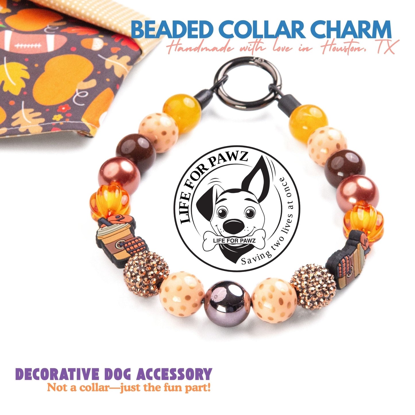 beaded dog necklace Fall Football Charm by Life for Pawz – Handmade for pets