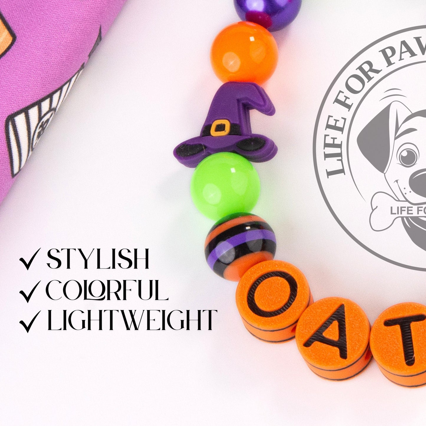 beaded dog necklace Halloween Witch Dog Charm - Custom Name by Life for Pawz – Handmade for pets