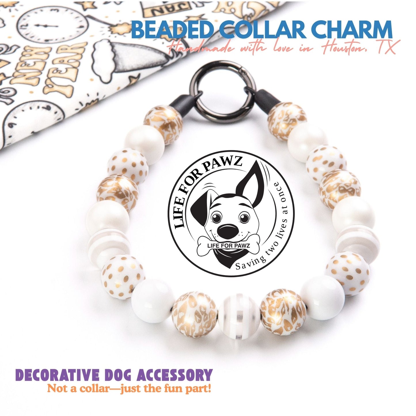 beaded dog necklace New Year’s Gold Charm by Life for Pawz – Handmade for pets