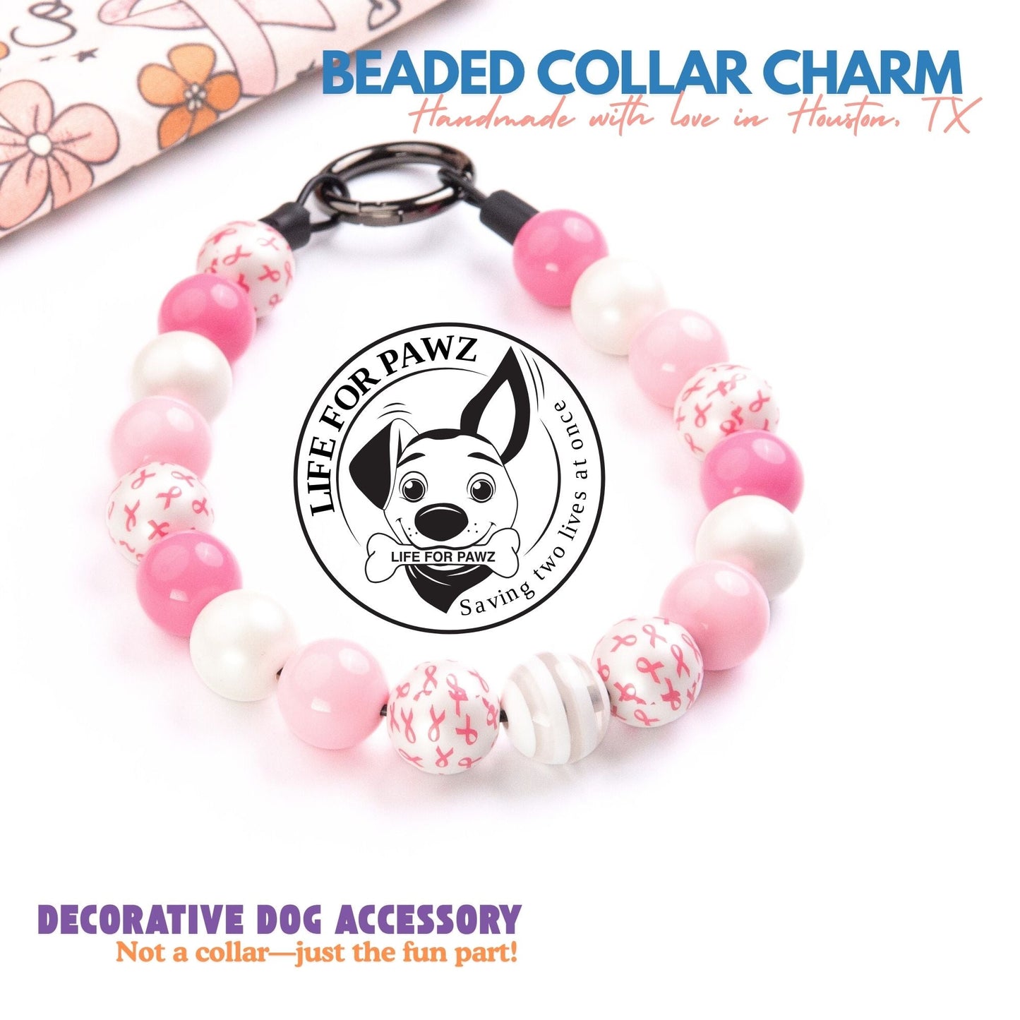 beaded dog necklace Pink Awareness Charm by Life for Pawz – Handmade for pets