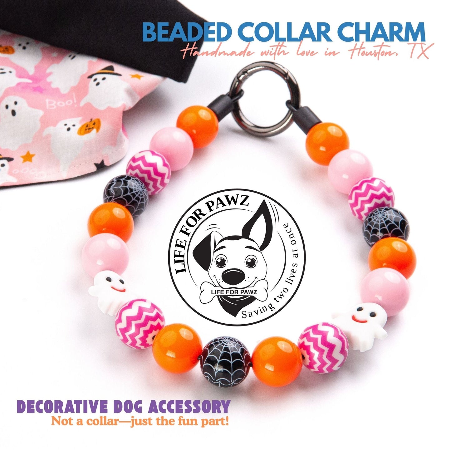 beaded dog necklace Pink & Orange Ghost Charm by Life for Pawz – Handmade for pets
