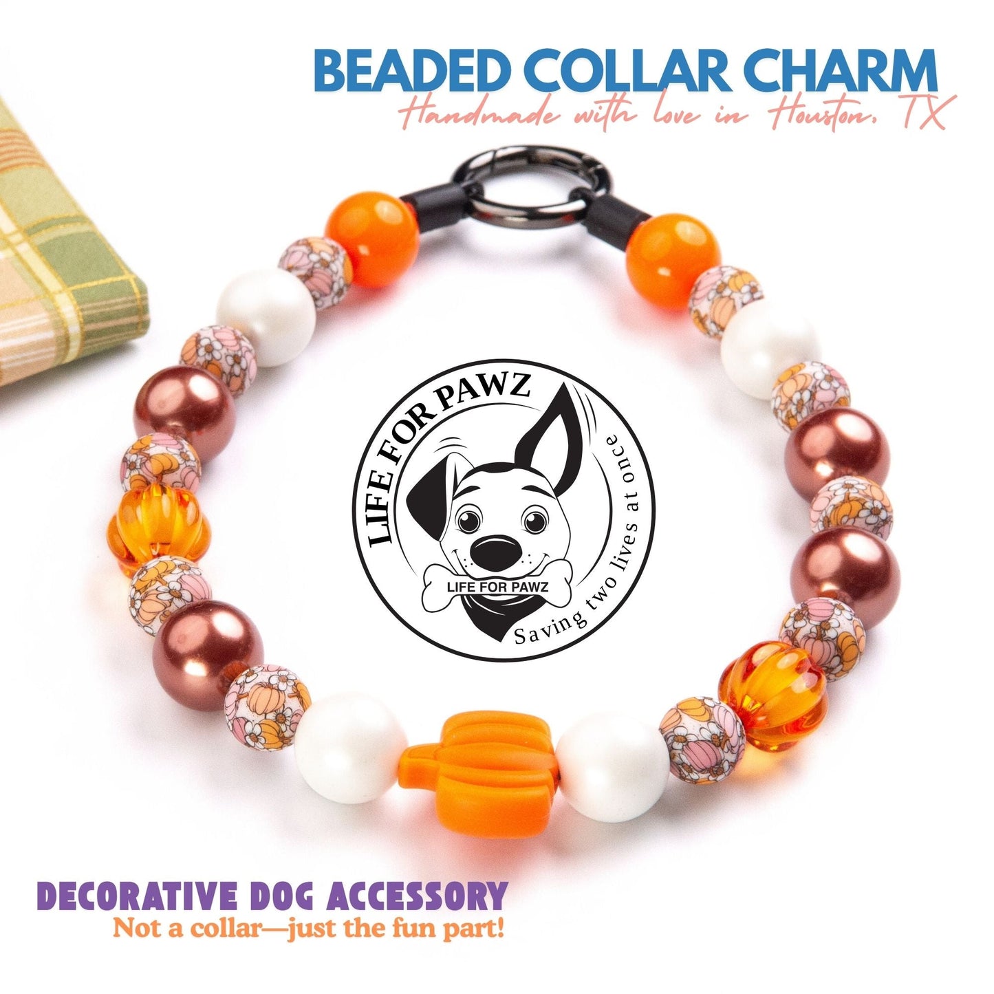 beaded dog necklace Pumpkin Harvest Charm by Life for Pawz – Handmade for pets