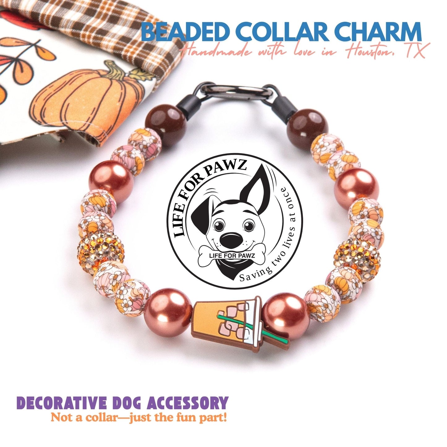beaded dog necklace Pumpkin Spice Latte Charm by Life for Pawz – Handmade for pets
