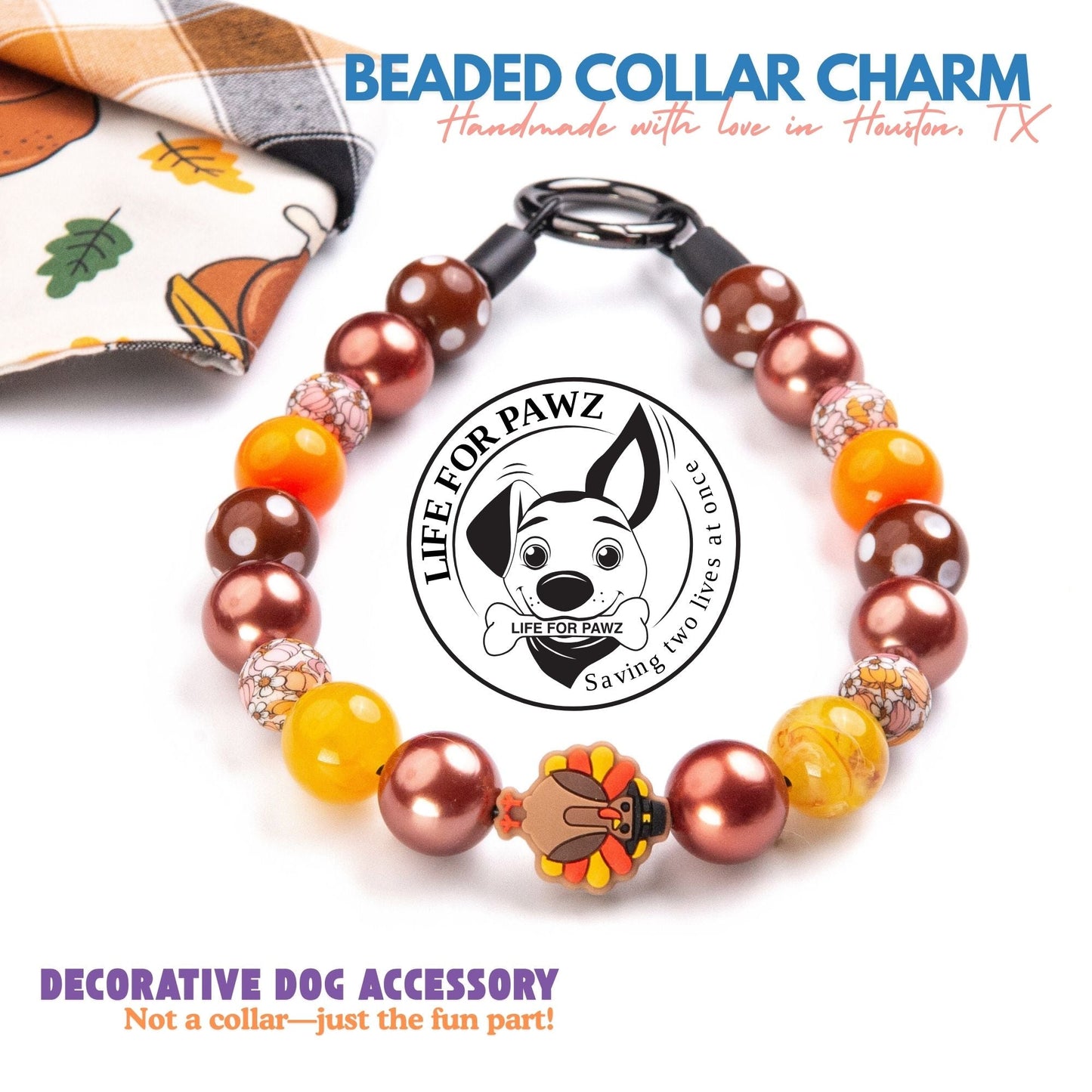 beaded dog necklace Thanksgiving Turkey Charm by Life for Pawz – Handmade for pets