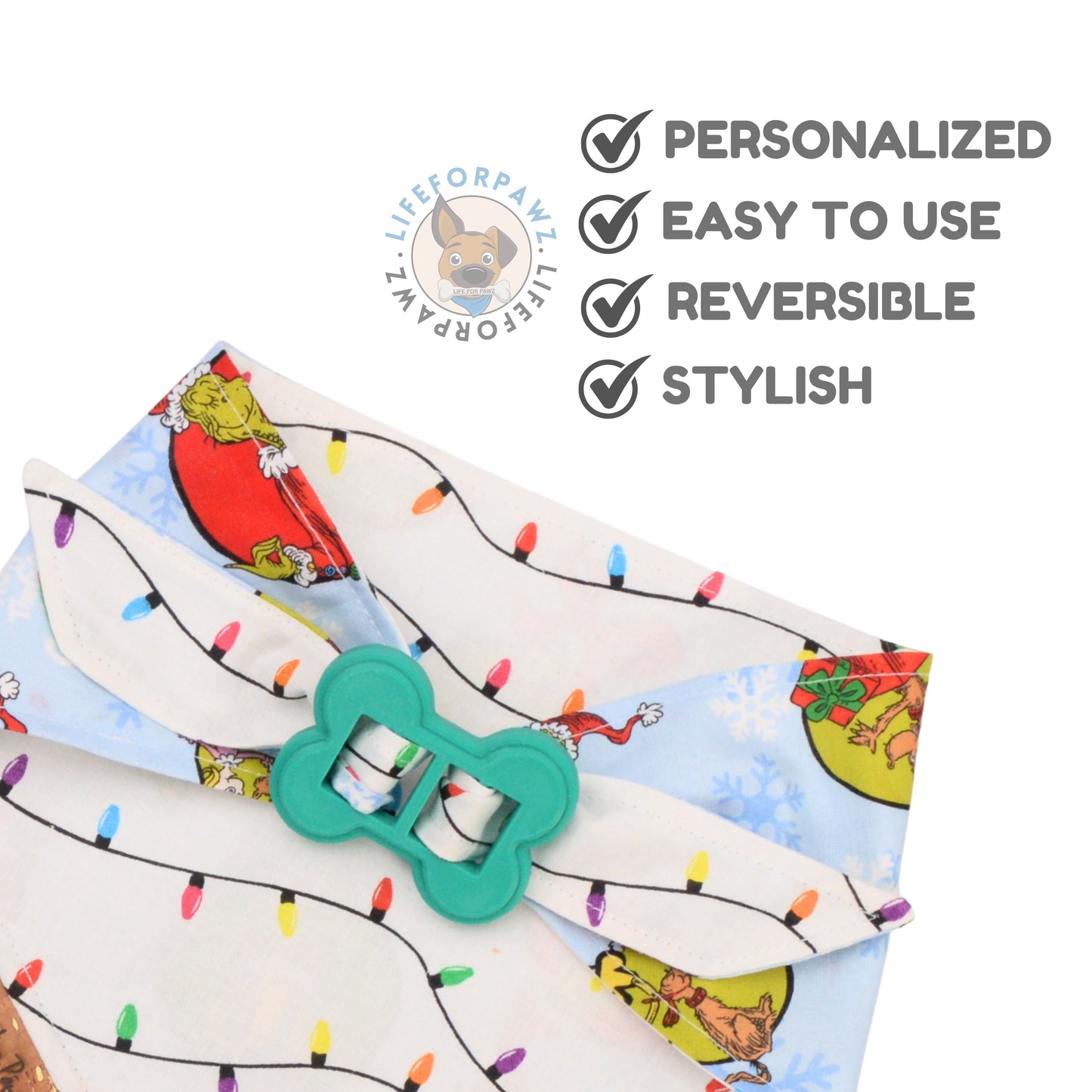 Bone Clasp Christmas Grinch Lights Bone Clasp Bandana by Life for Pawz – Handmade for pets