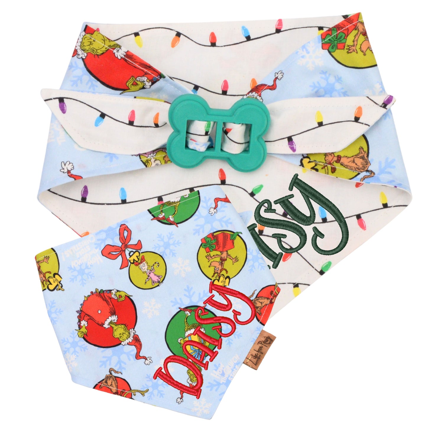 Bone Clasp Christmas Grinch Lights Bone Clasp Bandana by Life for Pawz – Handmade for pets