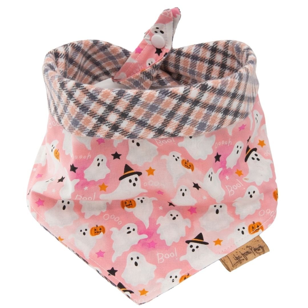 Custom Halloween Reversible Dog Bandana, Personalized Pink Ghost Print Cotton Pet Scarf with Embroidered Name, Buffalo Plaid Puppy Costume by Life for Pawz – Handmade for pets