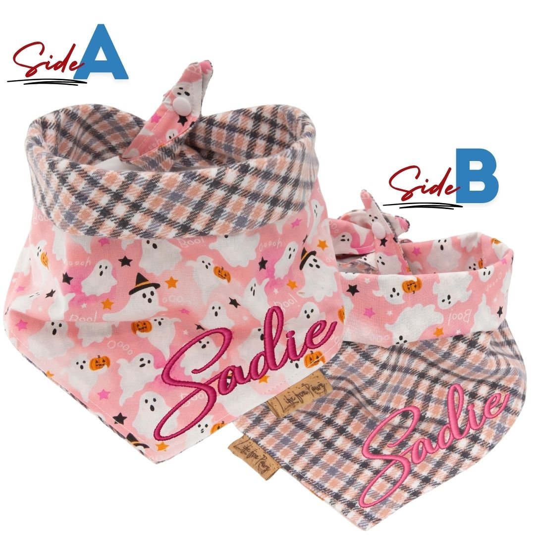 Custom Halloween Reversible Dog Bandana, Personalized Pink Ghost Print Cotton Pet Scarf with Embroidered Name, Buffalo Plaid Puppy Costume by Life for Pawz – Handmade for pets
