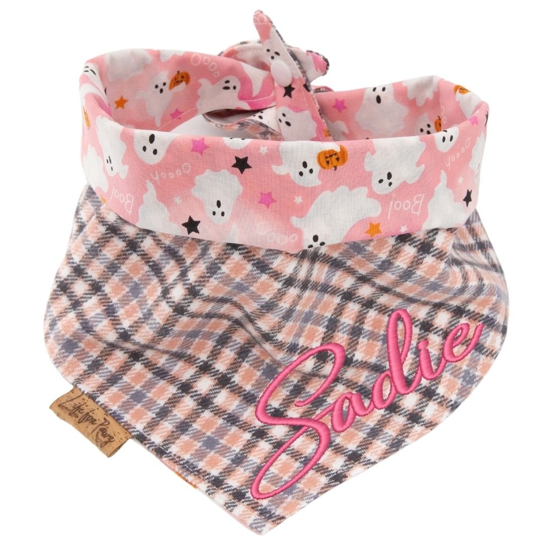 Custom Halloween Reversible Dog Bandana, Personalized Pink Ghost Print Cotton Pet Scarf with Embroidered Name, Buffalo Plaid Puppy Costume by Life for Pawz – Handmade for pets