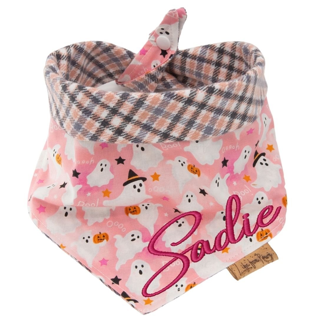 Custom Halloween Reversible Dog Bandana, Personalized Pink Ghost Print Cotton Pet Scarf with Embroidered Name, Buffalo Plaid Puppy Costume by Life for Pawz – Handmade for pets