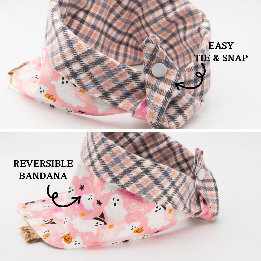 Custom Halloween Reversible Dog Bandana, Personalized Pink Ghost Print Cotton Pet Scarf with Embroidered Name, Buffalo Plaid Puppy Costume by Life for Pawz – Handmade for pets