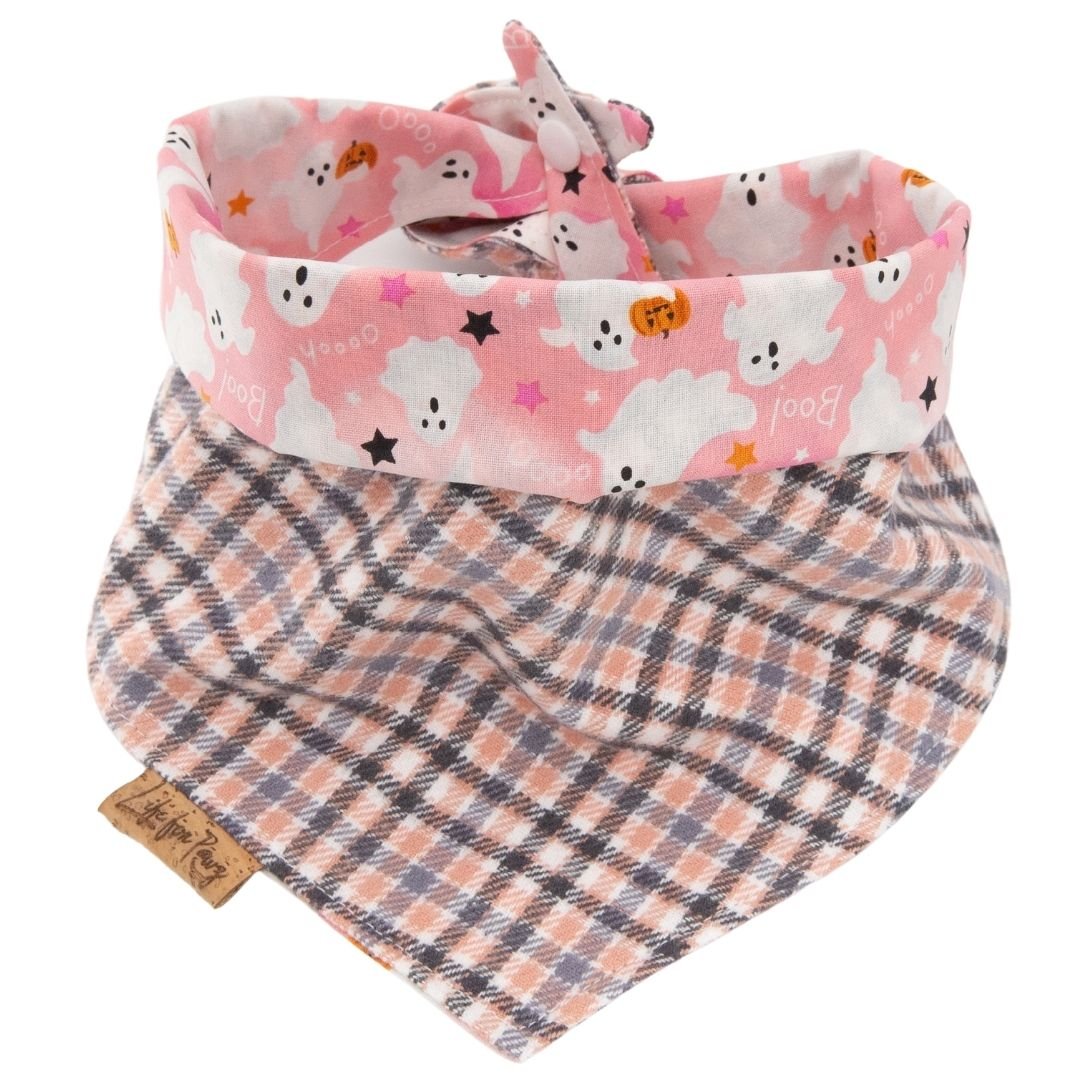 Custom Halloween Reversible Dog Bandana, Personalized Pink Ghost Print Cotton Pet Scarf with Embroidered Name, Buffalo Plaid Puppy Costume by Life for Pawz – Handmade for pets