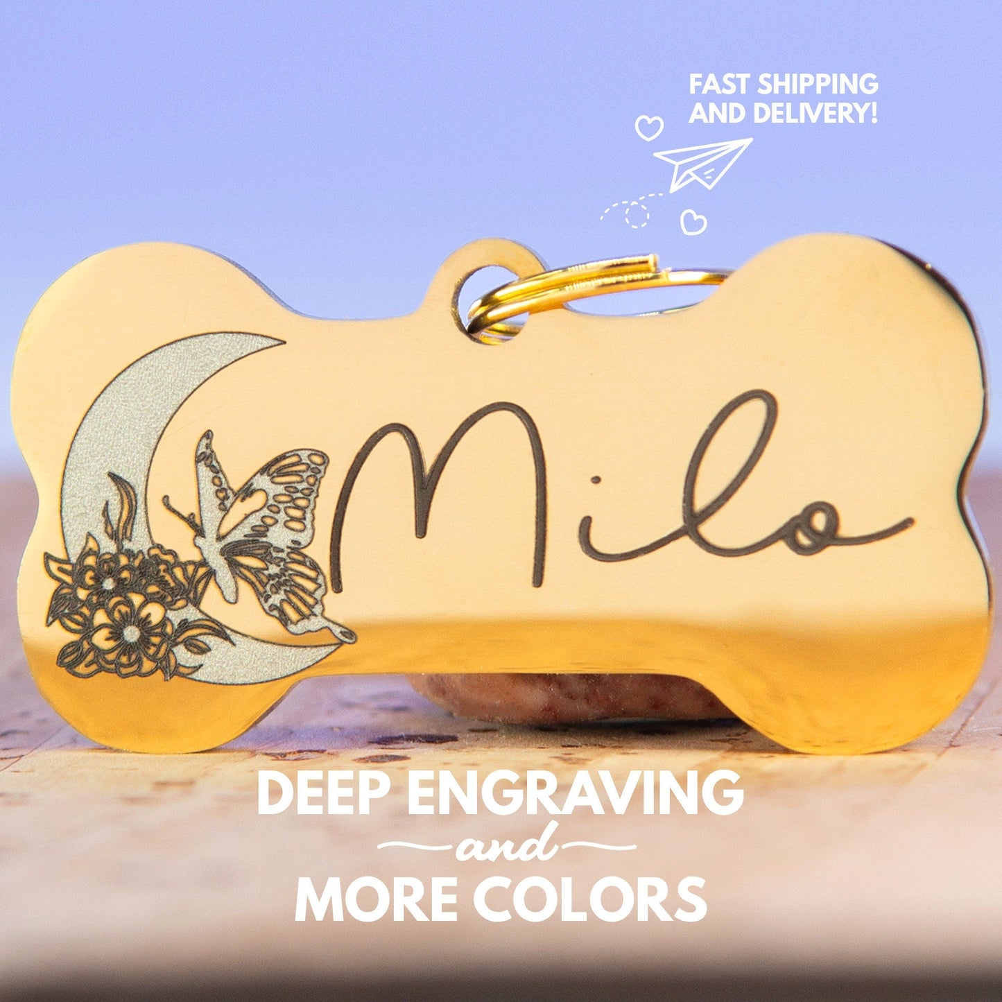 Dog Tag Engraved Moon & Butterfly Pet ID Tag - Charming Gift for Dog Lovers, Custom Stainless Steel, Durable, Waterproof, with Fast Shipping by Life for Pawz – Handmade for pets