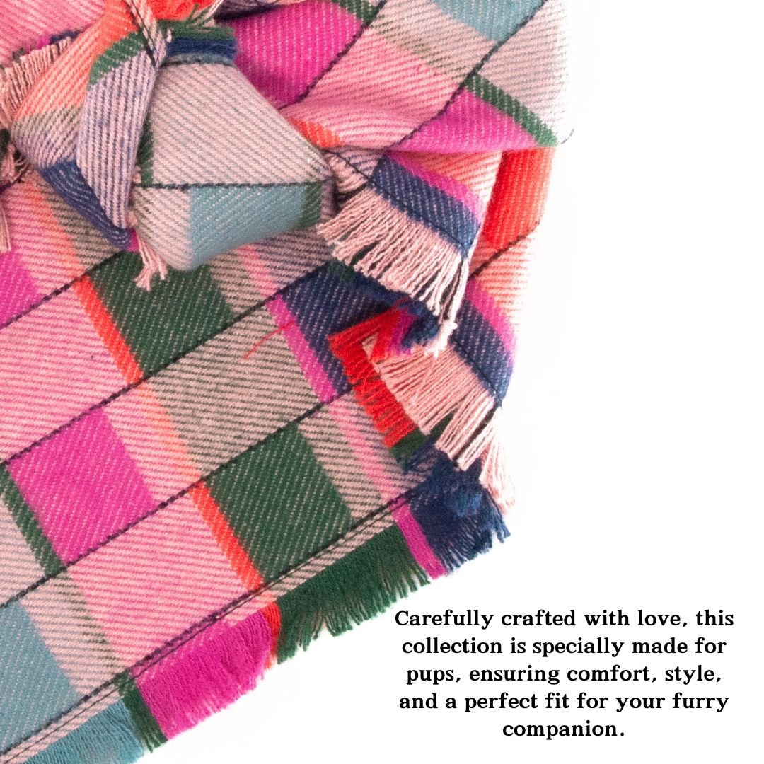 A close-up image of a colorful plaid blanket or scarf with a text overlay describing the product as carefully crafted with love