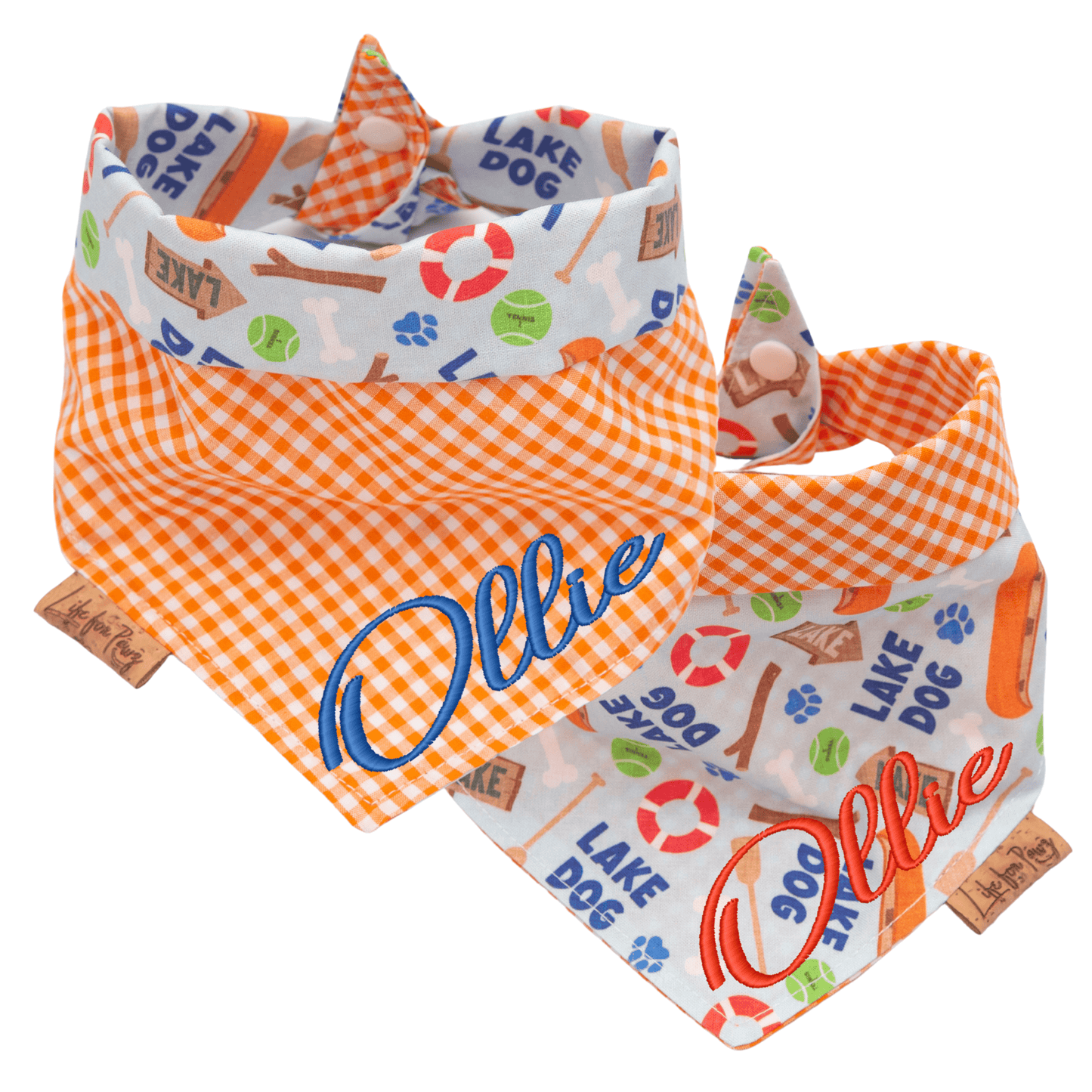 Dog bandana Lake Dog & Orange Gingham – Summer Reversible Dog Bandana - Life for Pawz - Reversible Dog Bandana