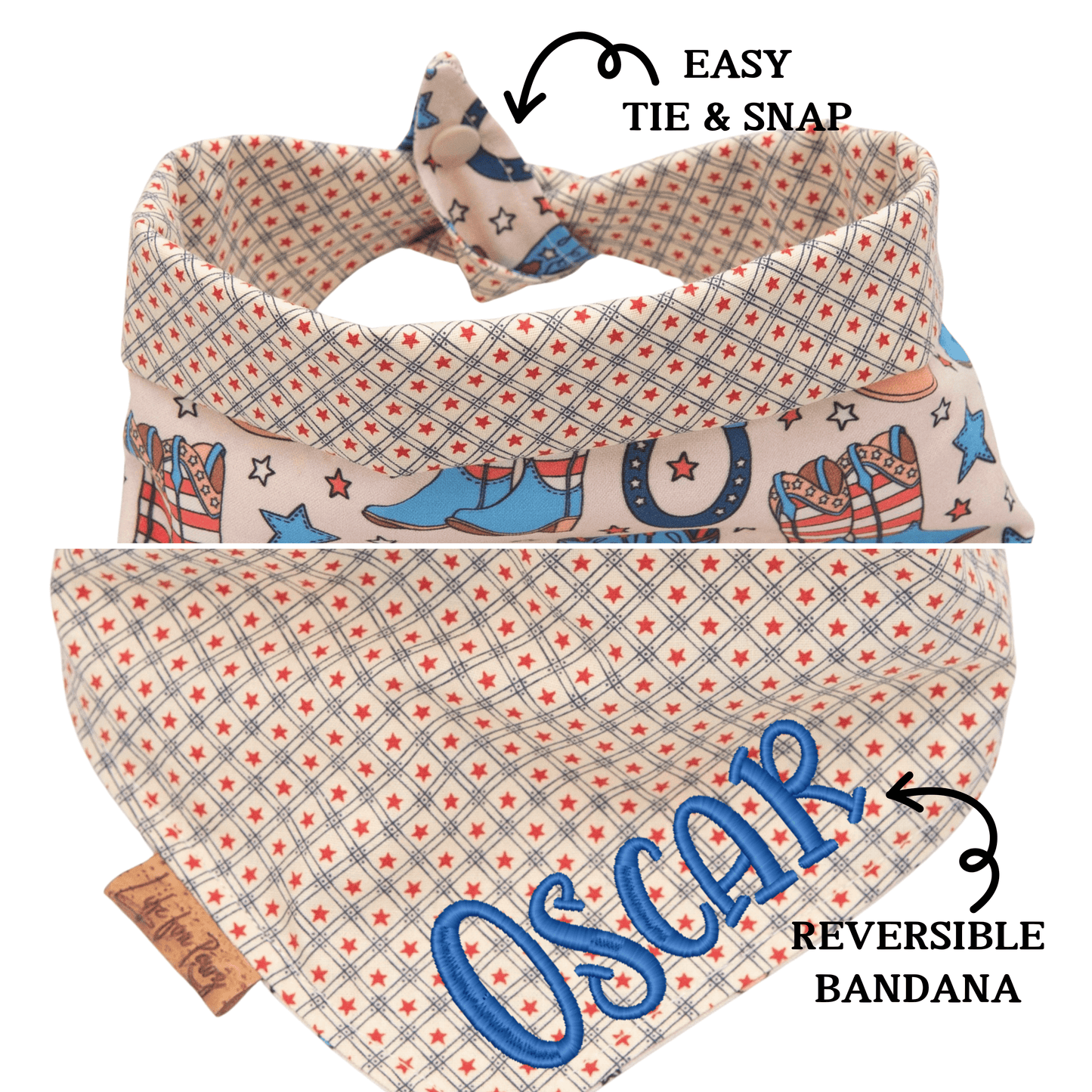 Dog bandana Patriotic Cowboy Boots & Stars, Western Reversible Dog Bandana - Life for Pawz - Reversible Dog Bandana