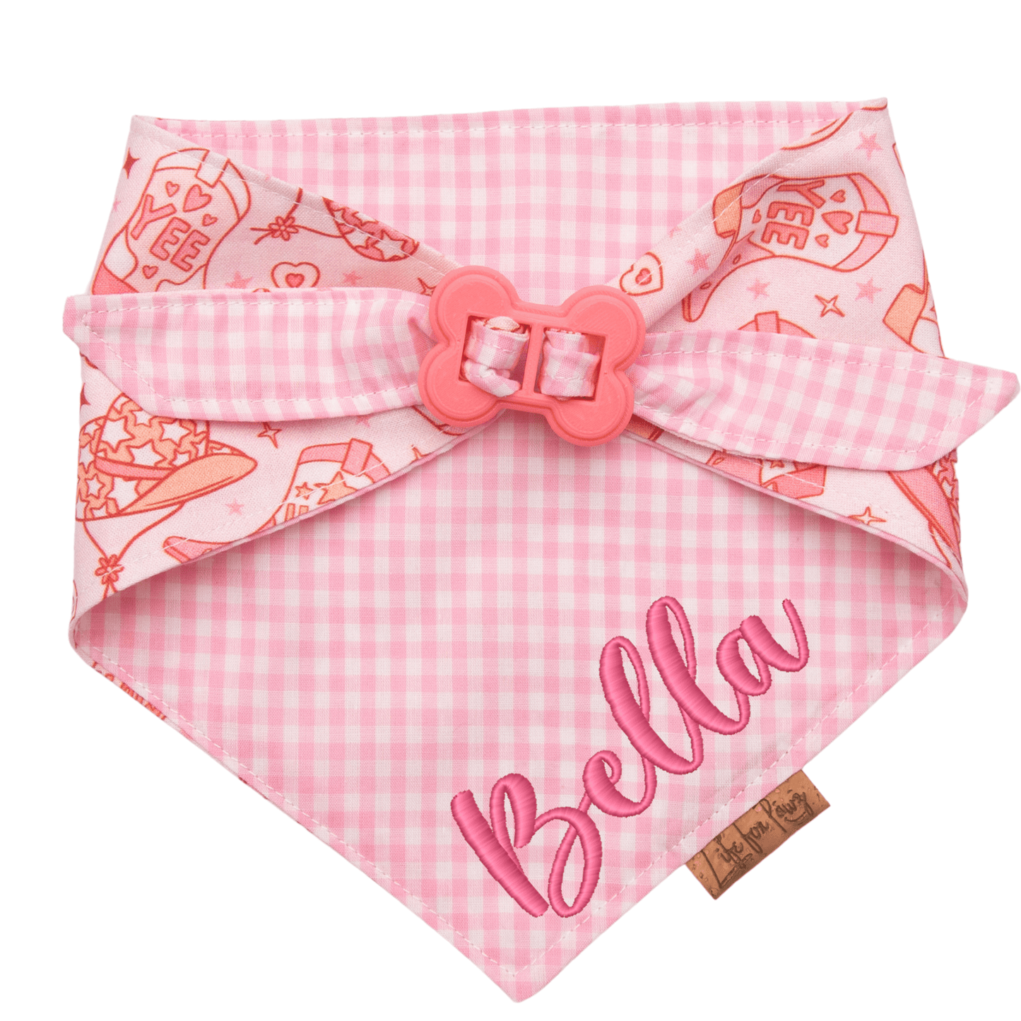 Dog bandana Pink Cowgirl & Gingham Personalized Reversible Dog Bandana - Life for Pawz - Bone Clasp