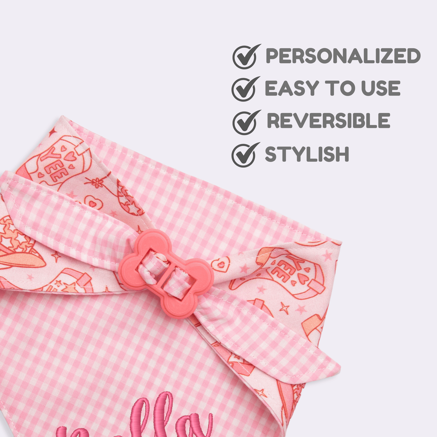 Dog bandana Pink Cowgirl & Gingham Personalized Reversible Dog Bandana - Life for Pawz - Bone Clasp