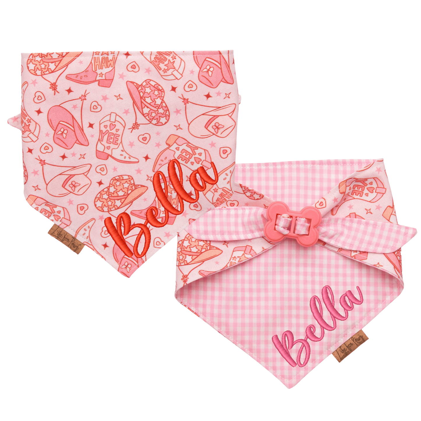 Dog bandana Pink Cowgirl & Gingham Personalized Reversible Dog Bandana - Life for Pawz - Bone Clasp