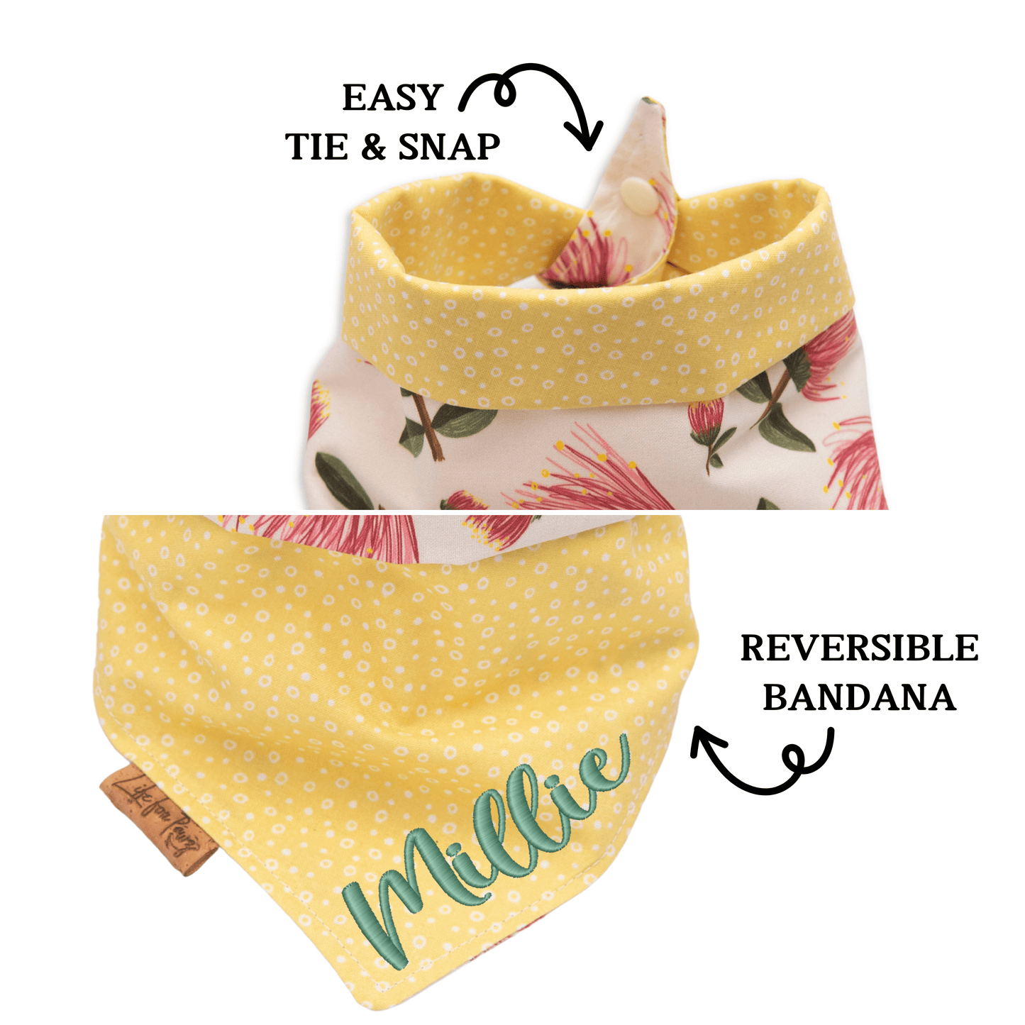 Dog bandana Pink Floral & Yellow Dots - Reversible Dog Bandana - Life for Pawz - Reversible Dog Bandana