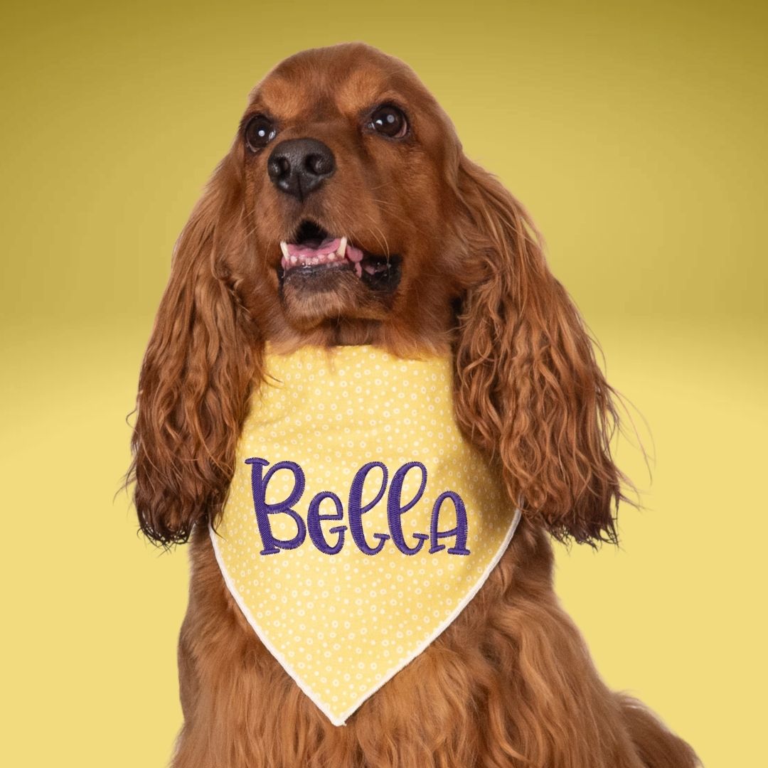 Scrunchie Bandanas Yellow Dots Embroidered Scrunchie Dog Bandana by Life for Pawz – Handmade for pets