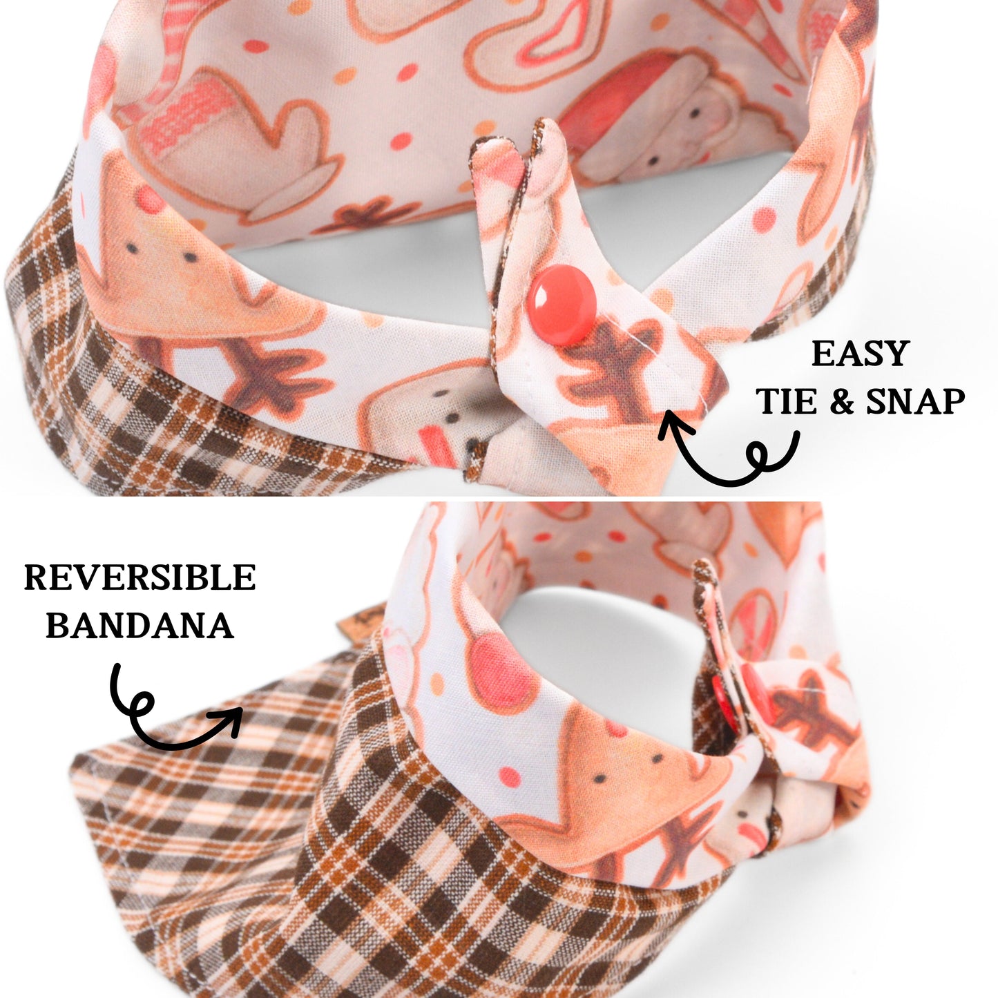 Tie and Snap Christmas Reindeer & Plaid Tie & Snap Bandana by Life for Pawz – Handmade for pets