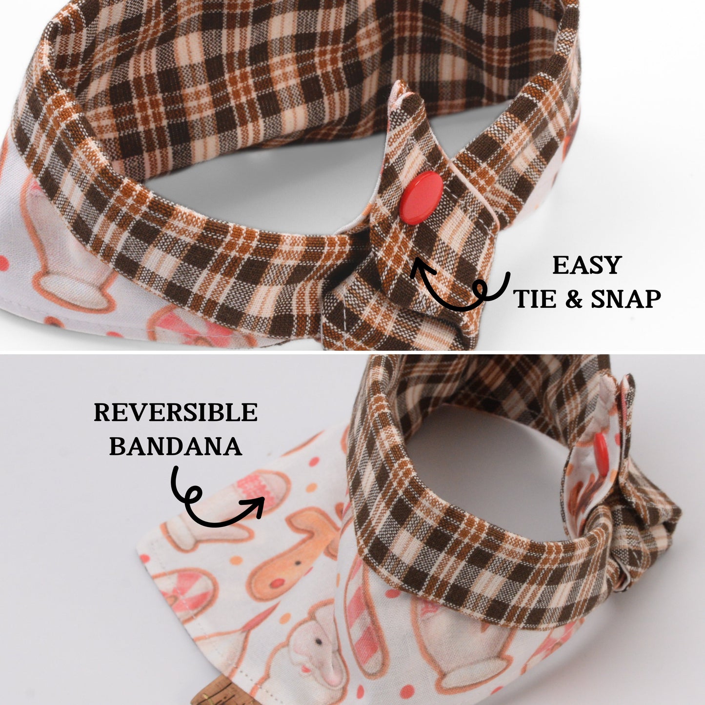 Tie and Snap Christmas Reindeer & Plaid Tie & Snap Bandana by Life for Pawz – Handmade for pets