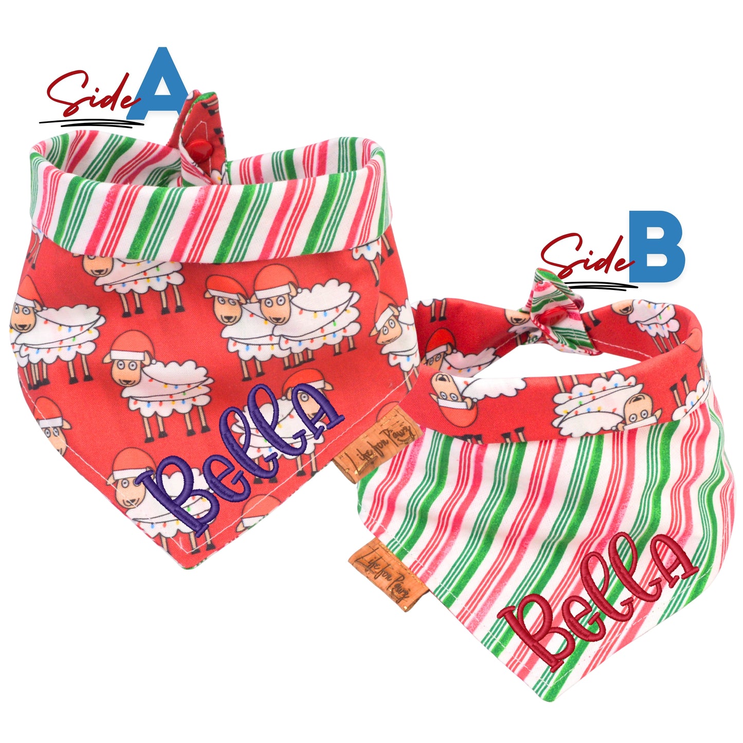 Tie and Snap Christmas Sheep & Stripes Tie & Snap Bandana by Life for Pawz – Handmade for pets