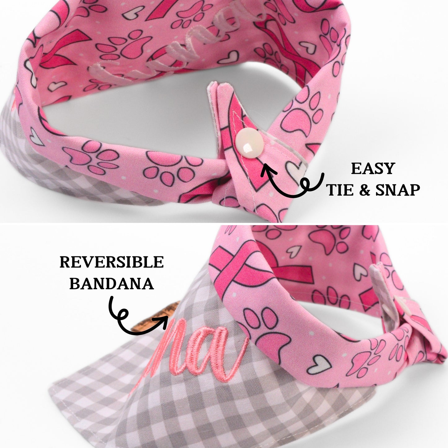 Tie and Snap Pink Ribbon Tie & Snap Bandana by Life for Pawz ā Handmade for pets