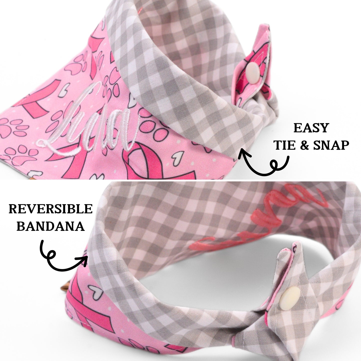Tie and Snap Pink Ribbon Tie & Snap Bandana by Life for Pawz ā Handmade for pets