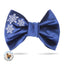 A blue satin bow tie with white snowflake embroidery.