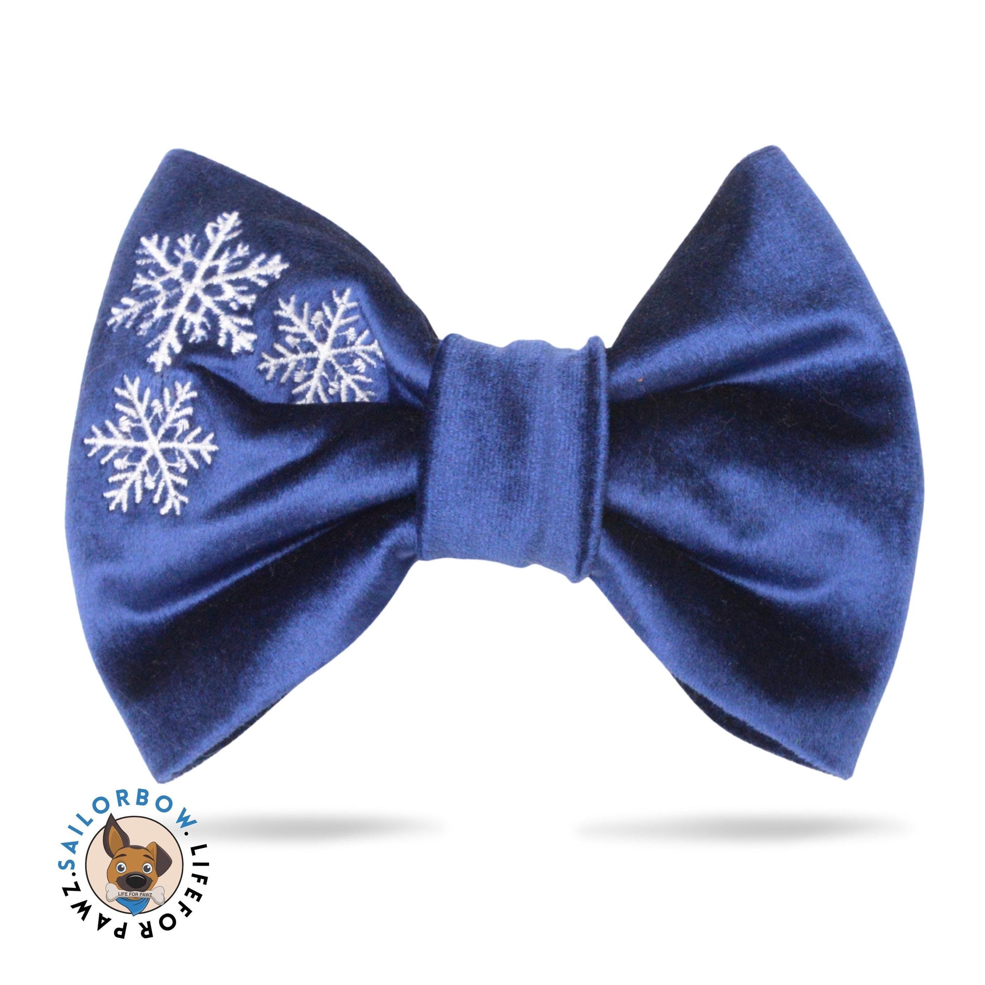 A blue satin bow tie with white snowflake embroidery.