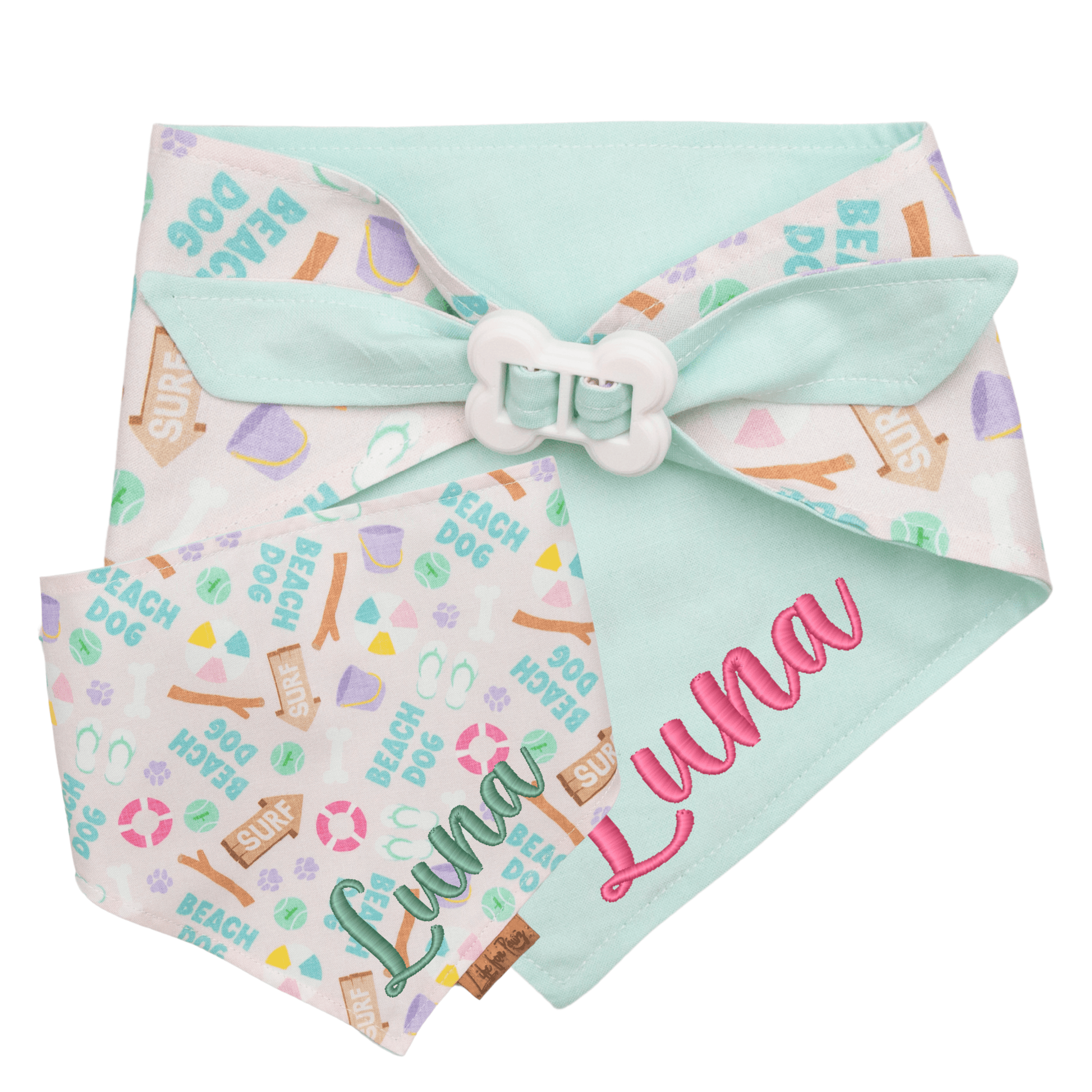 Dog bandana Beach Dog & Mint Bandana – Reversible with Bone Clasp - Life for Pawz - Bone Clasp