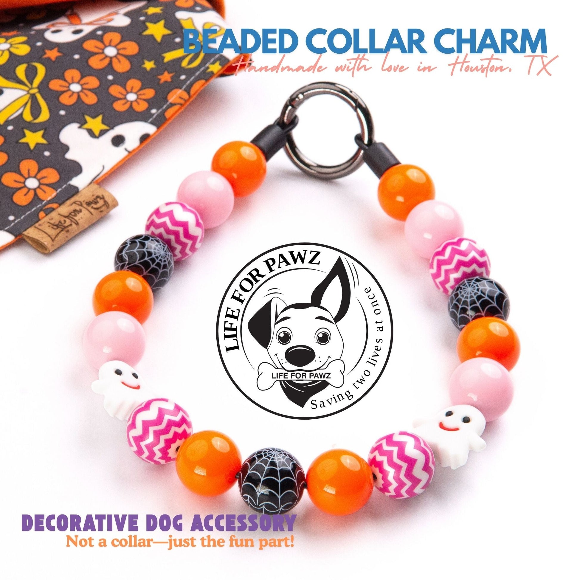 beaded dog necklace Pink & Orange Ghost Charm by Life for Pawz – Handmade for pets