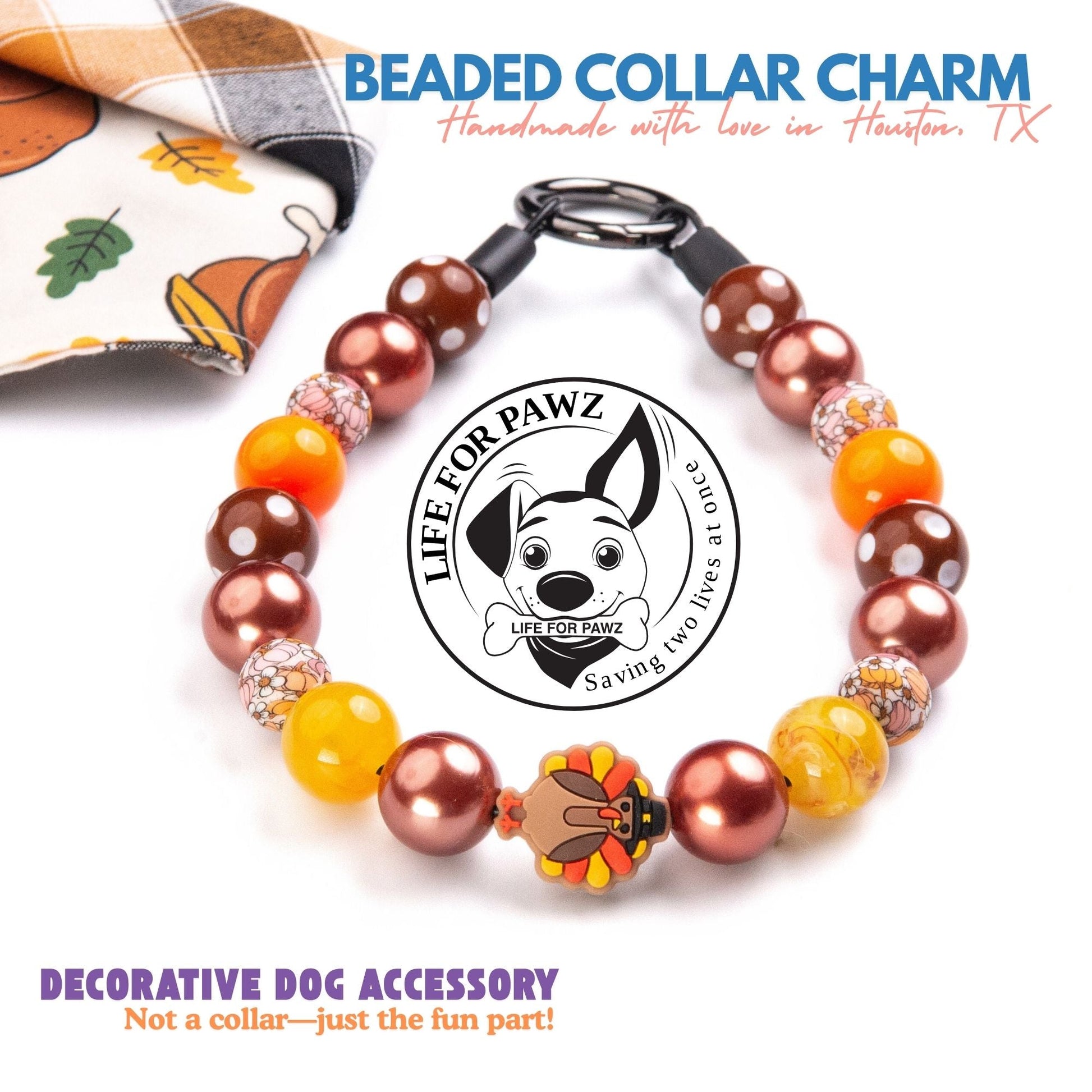 beaded dog necklace Thanksgiving Turkey Charm by Life for Pawz – Handmade for pets