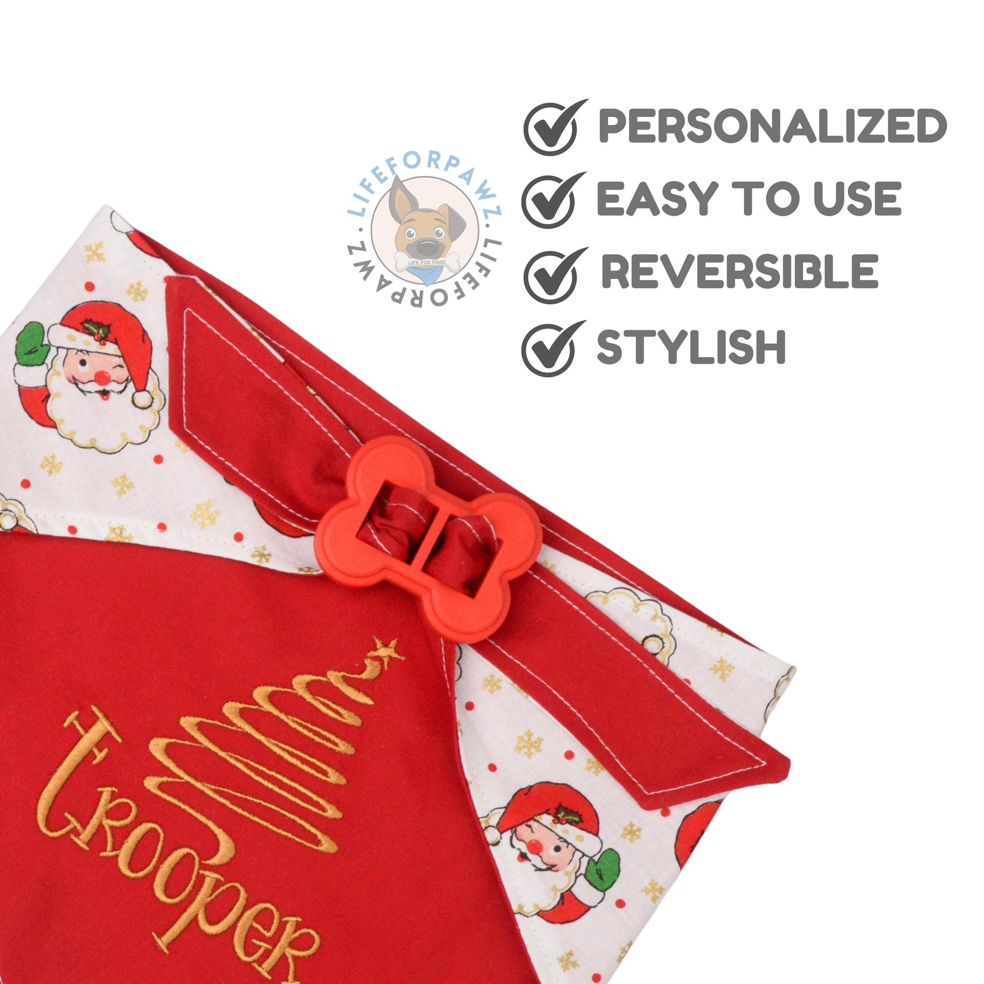Bone Clasp Playful Santa Bone Clasp Closure Dog Bandana by Life for Pawz – Handmade for pets
