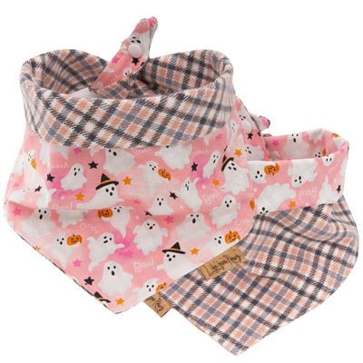 Custom Halloween Reversible Dog Bandana, Personalized Pink Ghost Print Cotton Pet Scarf with Embroidered Name, Buffalo Plaid Puppy Costume by Life for Pawz – Handmade for pets