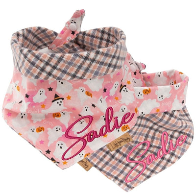 Custom Halloween Reversible Dog Bandana, Personalized Pink Ghost Print Cotton Pet Scarf with Embroidered Name, Buffalo Plaid Puppy Costume by Life for Pawz – Handmade for pets