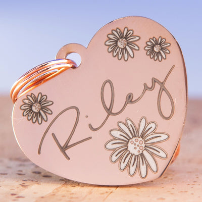 Dog Tag Heart - Shaped Custom Engraved Dog Tag with Daisy Design, Personalized Pet ID, Romantic Floral Dog Name Tag by Life for Pawz – Handmade for pets
