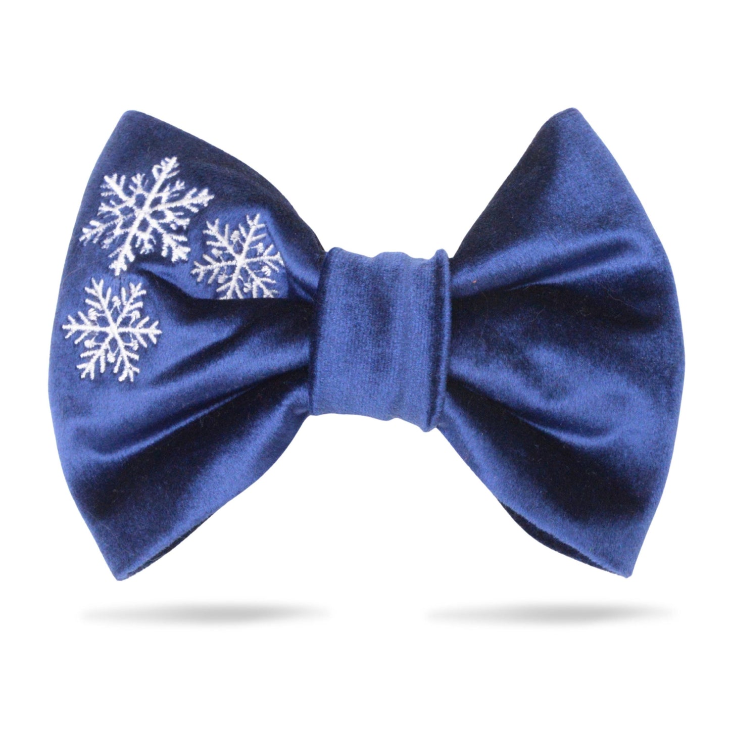 A blue satin bow tie with white snowflake embroidery on the front.