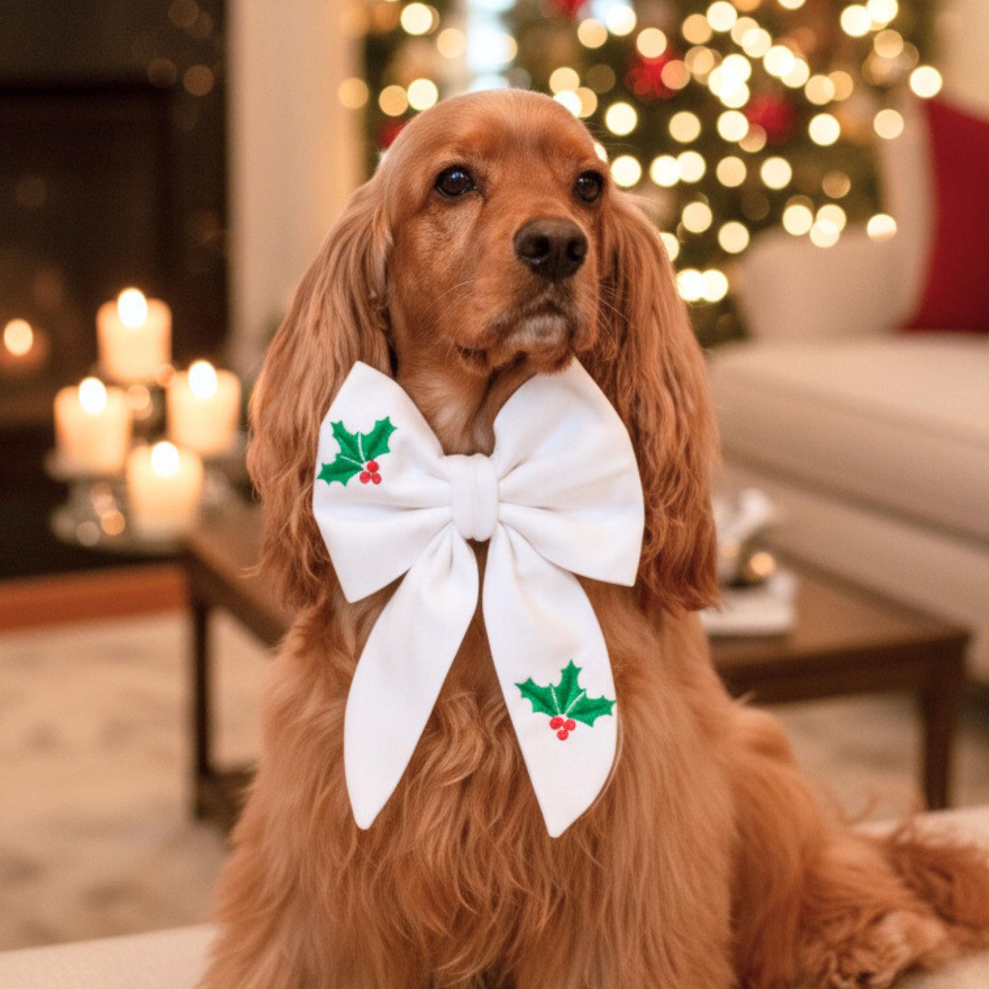 A brown dog wearing a white bow with holly leaves sits in a living room, with a lit fireplace and a Christmas tree visible in the background.