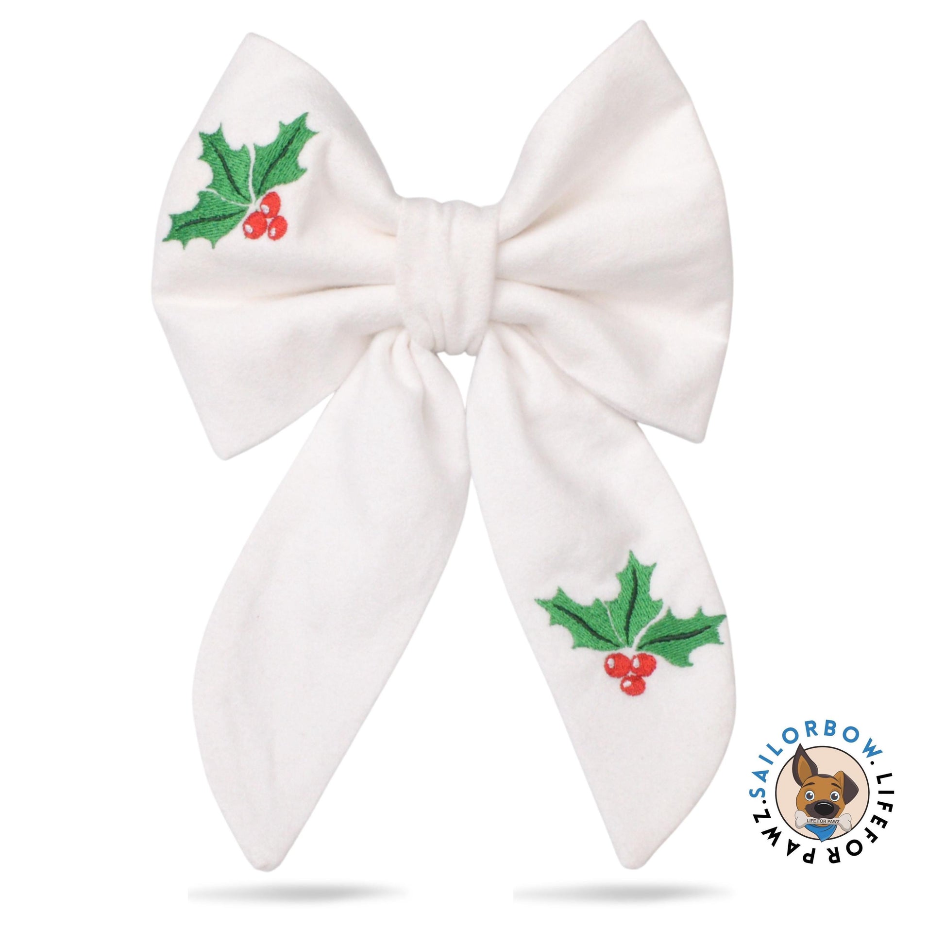 A white bow with red berries and green holly leaves, featuring a small logo in the bottom right corner.