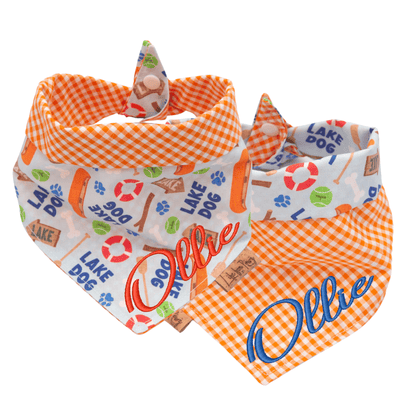 Dog bandana Lake Dog & Orange Gingham – Summer Reversible Dog Bandana - Life for Pawz - Reversible Dog Bandana