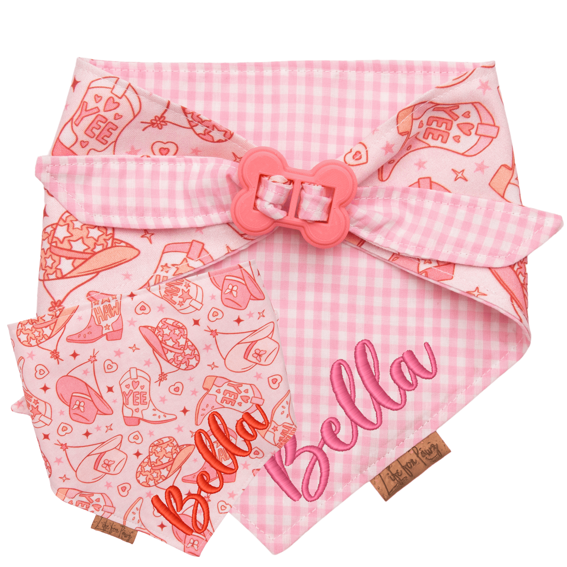 Dog bandana Pink Cowgirl & Gingham Personalized Reversible Dog Bandana - Life for Pawz - Bone Clasp