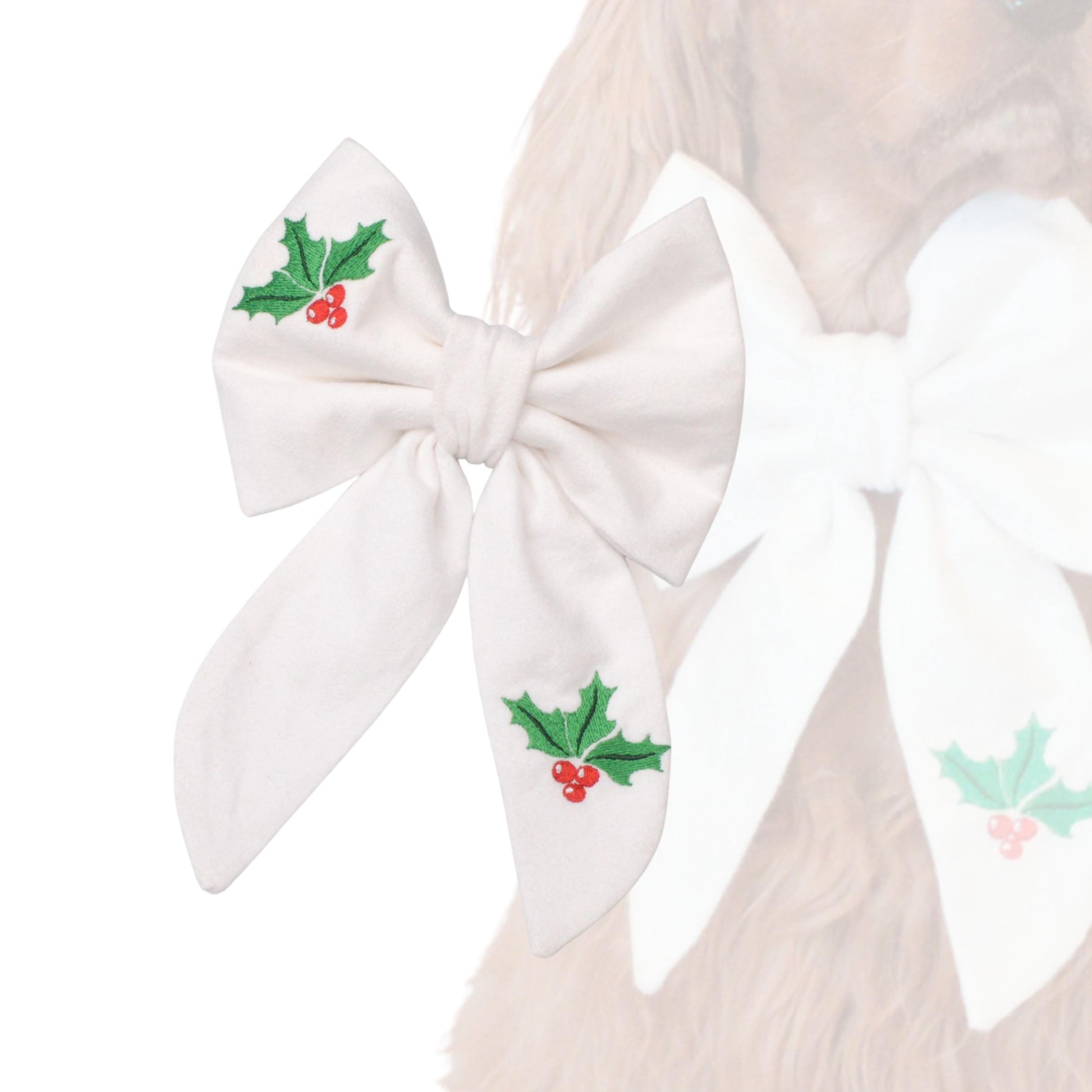 Sailor Bow Holiday Dog Sailer Bow – White Flannel Embroidered Holly by Life for Pawz – Handmade for pets