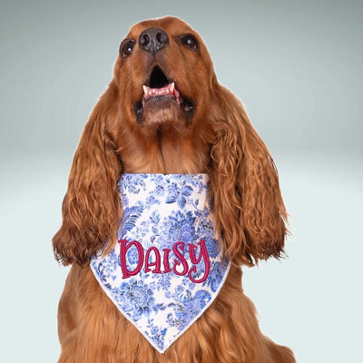 Scrunchie Bandanas Blue Floral Embroidered Scrunchie Dog Bandana by Life for Pawz – Handmade for pets