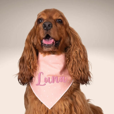 Scrunchie Bandanas Pink Polka Dot Embroidered Scrunchie Dog Bandana by Life for Pawz – Handmade for pets