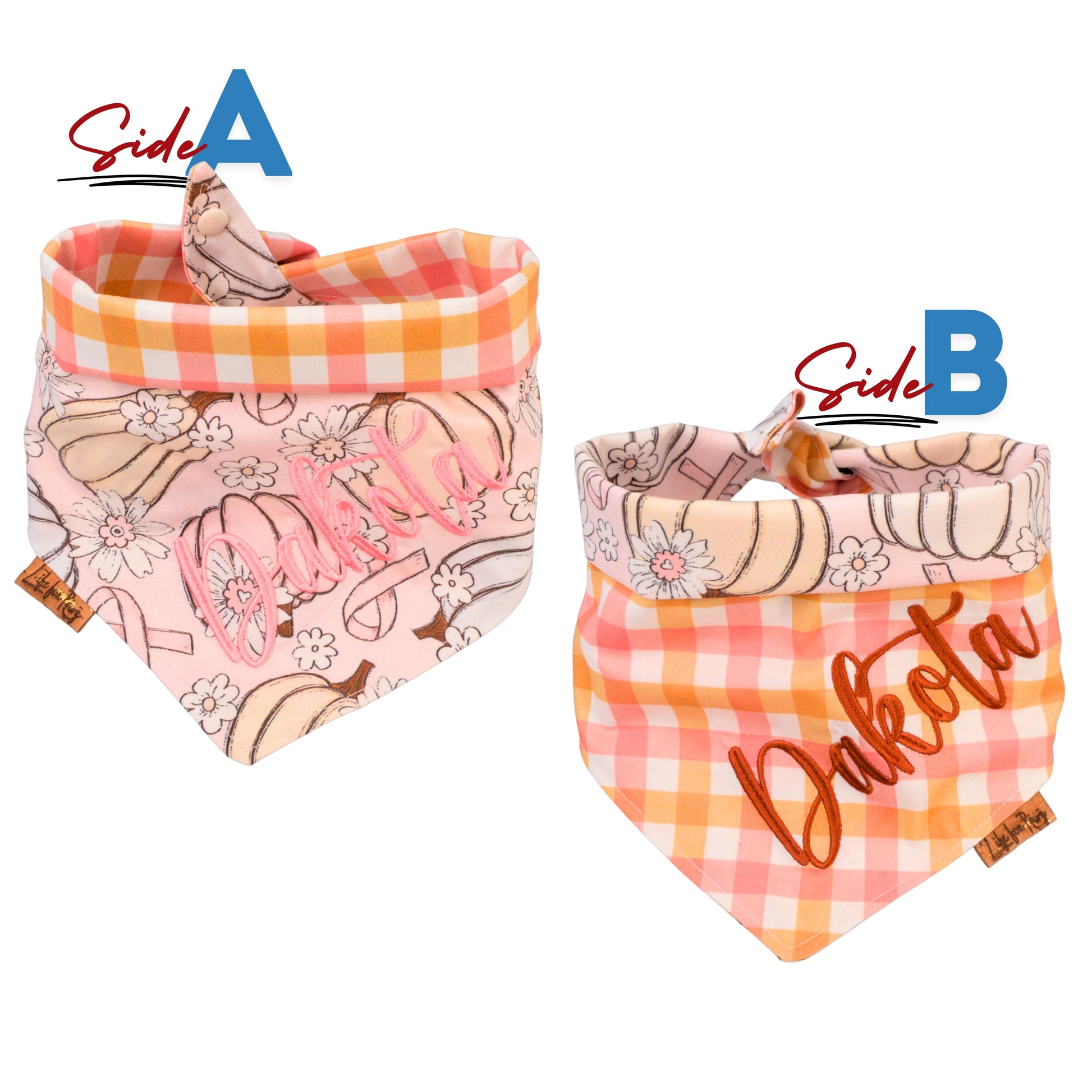 Tie and Snap Cancer Awareness Pumpkin & Plaid Tie & Snap Bandana by Life for Pawz – Handmade for pets