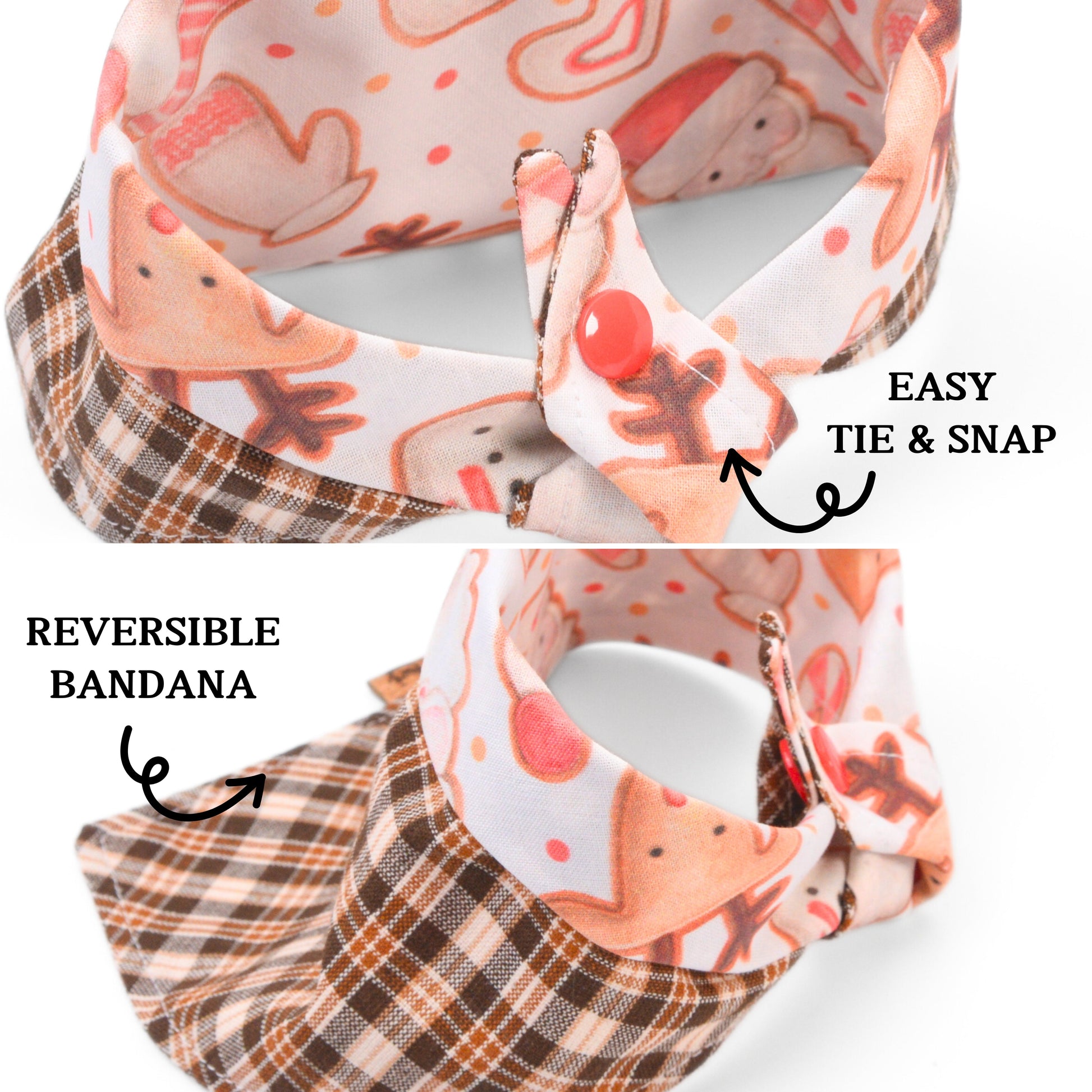 Tie and Snap Christmas Reindeer & Plaid Tie & Snap Bandana by Life for Pawz – Handmade for pets